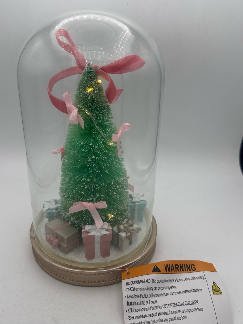 December Home Lighted Bottle Brush Christmas Tree Glass Dome 10 inch Pink Decor